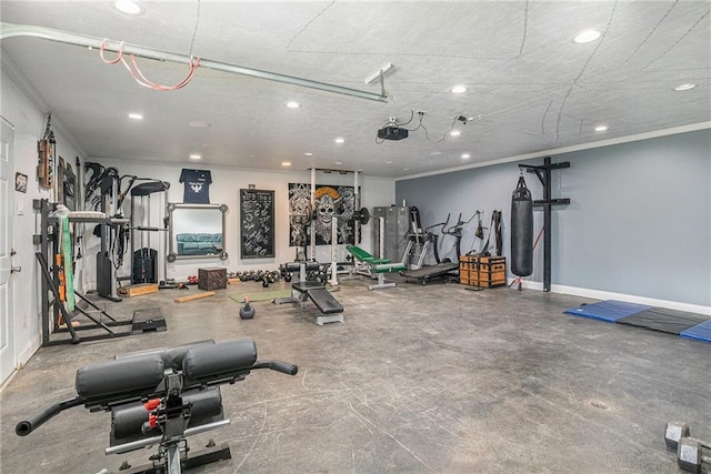 2452 Camp Mitchell Rd, Grayson, GA 30017 - workout area with recessed lighting, crown molding, and baseboards