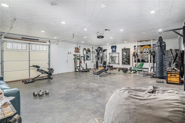 2452 Camp Mitchell Rd, Grayson, GA 30017 - gym featuring recessed lighting and a garage