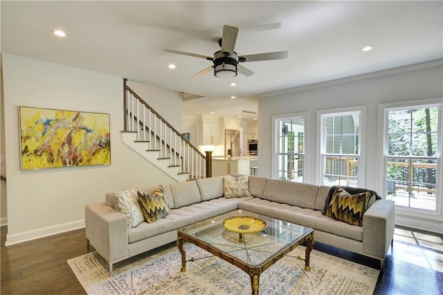4152 Club Dr NE, Atlanta, GA 30319 - living room featuring recessed lighting, baseboards, stairs, and ceiling fan