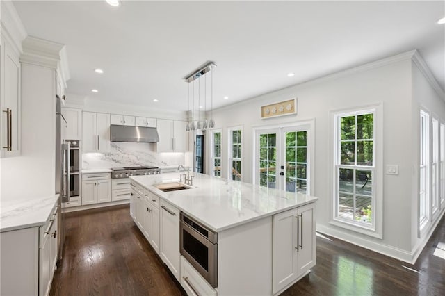 4152 Club Dr NE, Atlanta, GA 30319 - kitchen with under cabinet range hood, stainless steel appliances, a sink, and dark wood-style floors