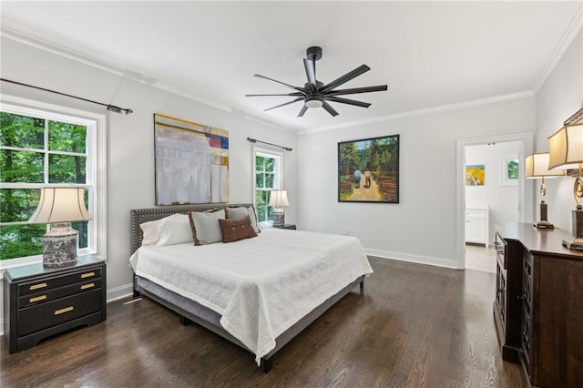 4152 Club Dr NE, Atlanta, GA 30319 - bedroom featuring dark wood finished floors, baseboards, crown molding, and ceiling fan