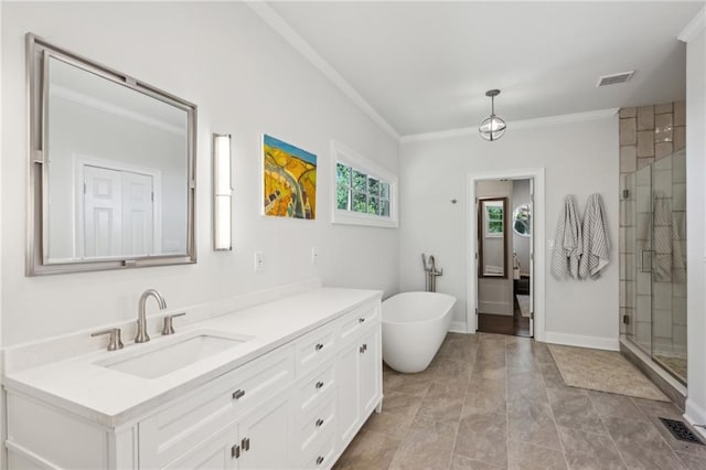 4152 Club Dr NE, Atlanta, GA 30319 - full bath with crown molding, vanity, visible vents, and a stall shower