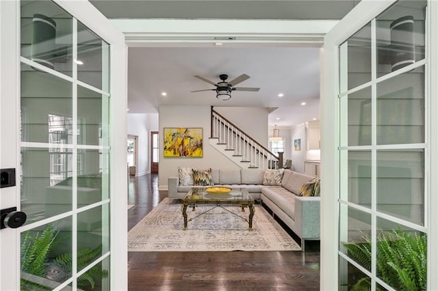 4152 Club Dr NE, Atlanta, GA 30319 - living area featuring ceiling fan, wood finished floors, stairs, and recessed lighting