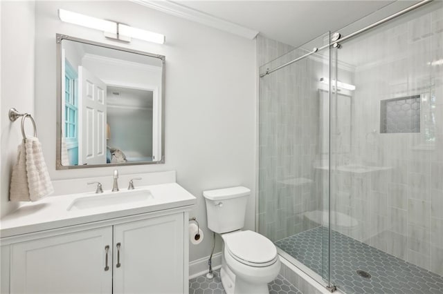 4152 Club Dr NE, Atlanta, GA 30319 - bathroom featuring toilet, tile patterned flooring, a shower stall, crown molding, and vanity