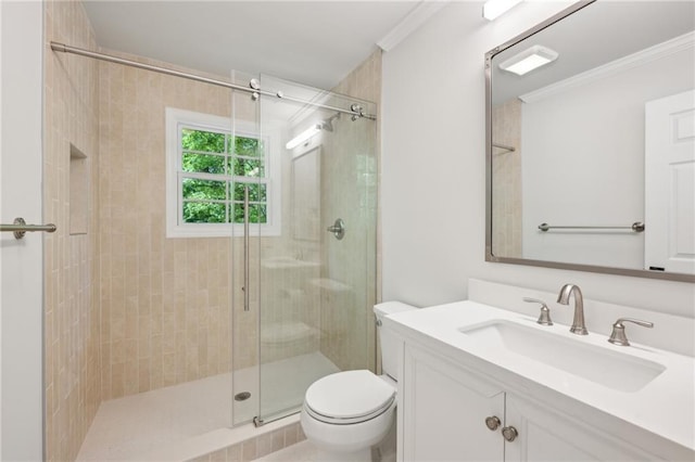 4152 Club Dr NE, Atlanta, GA 30319 - bathroom featuring a shower stall, toilet, vanity, and ornamental molding