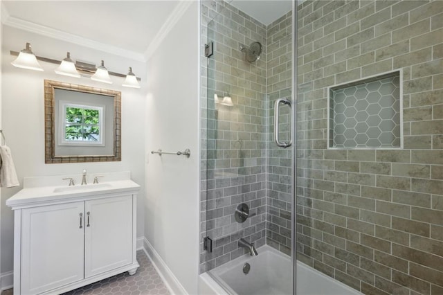 4152 Club Dr NE, Atlanta, GA 30319 - full bathroom with shower / bath combination with glass door, baseboards, tile patterned flooring, crown molding, and vanity