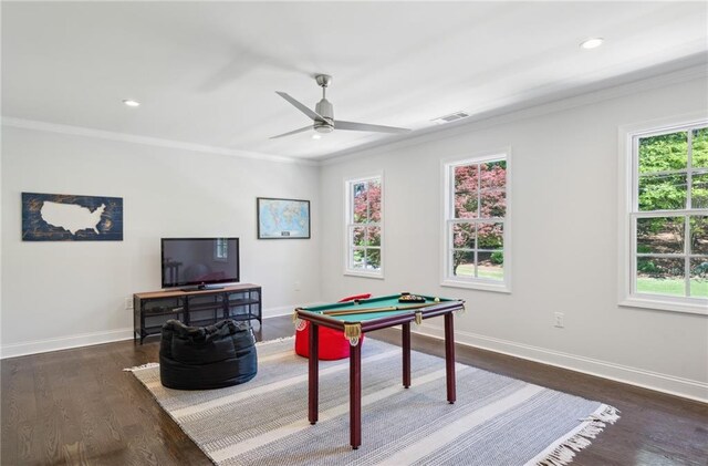 4152 Club Dr NE, Atlanta, GA 30319 - game room with baseboards, crown molding, wood finished floors, and visible vents
