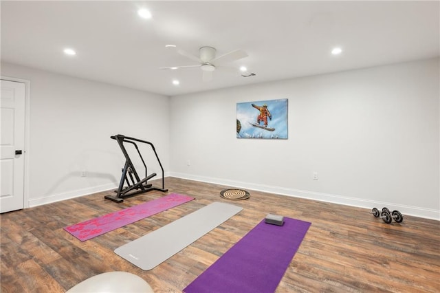 4152 Club Dr NE, Atlanta, GA 30319 - exercise room featuring baseboards, a ceiling fan, and recessed lighting
