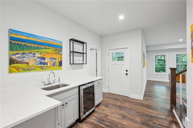 4152 Club Dr NE, Atlanta, GA 30319 - bar with a sink, dark wood finished floors, wet bar, wine cooler, and recessed lighting