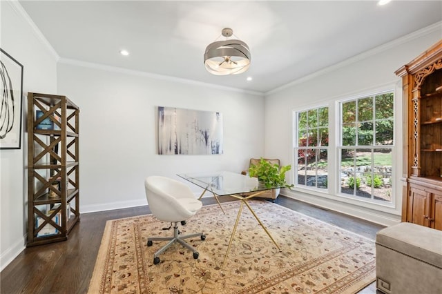 4152 Club Dr NE, Atlanta, GA 30319 - office with recessed lighting, ornamental molding, baseboards, and dark wood-style flooring