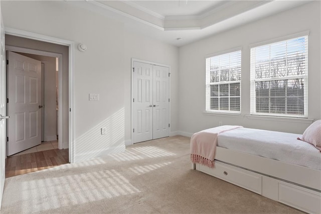 carpeted bedroom with a closet, crown molding, and a tray ceiling