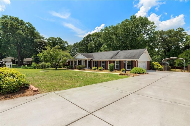 ranch-style house with an attached garage, driveway, and a front yard