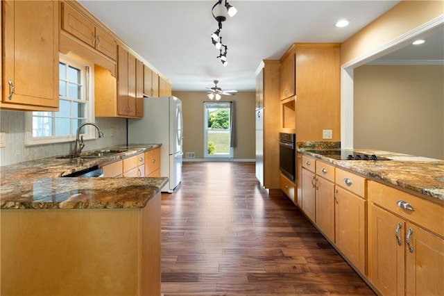 kitchen featuring ceiling fan, dark wood finished floors, dark stone counters, tasteful backsplash, and black appliances