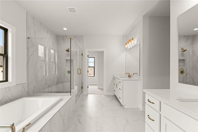 5424 Gallagher Ct, Powder Springs, GA 30127 - full bathroom with marble look tiles, a marble finish shower, a bath, two vanities, and baseboards
