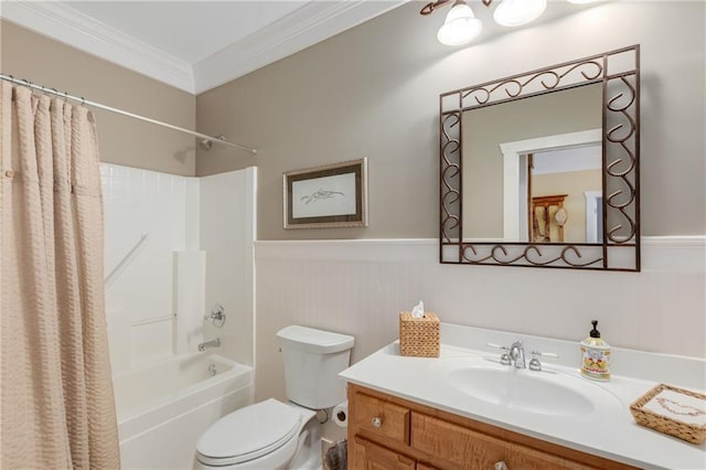 full bathroom with toilet, a wainscoted wall, ornamental molding, shower / bath combination with curtain, and vanity