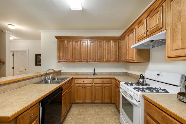 kitchen featuring white range with gas stovetop, light countertops, a sink, and under cabinet range hood