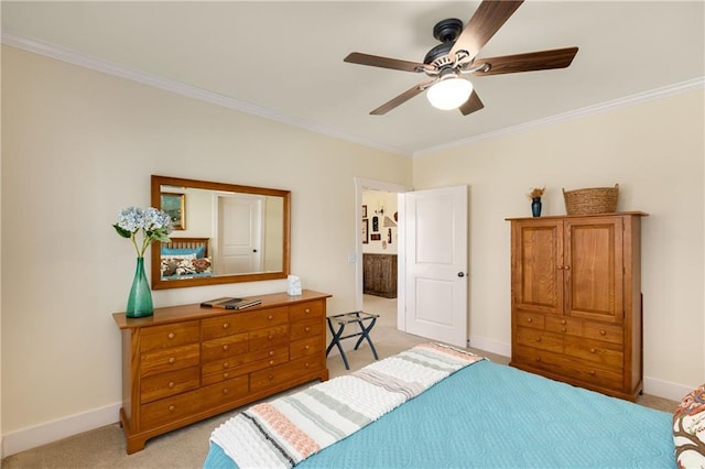 bedroom with light colored carpet, crown molding, baseboards, and ceiling fan