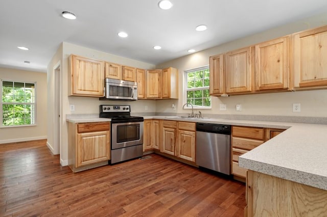 kitchen with light brown cabinetry, stainless steel appliances, dark hardwood / wood-style floors, and sink