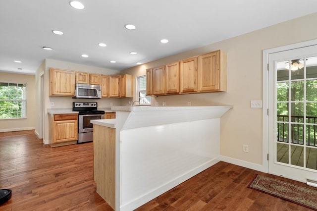 kitchen featuring light brown cabinetry, a healthy amount of sunlight, hardwood / wood-style floors, and stainless steel appliances