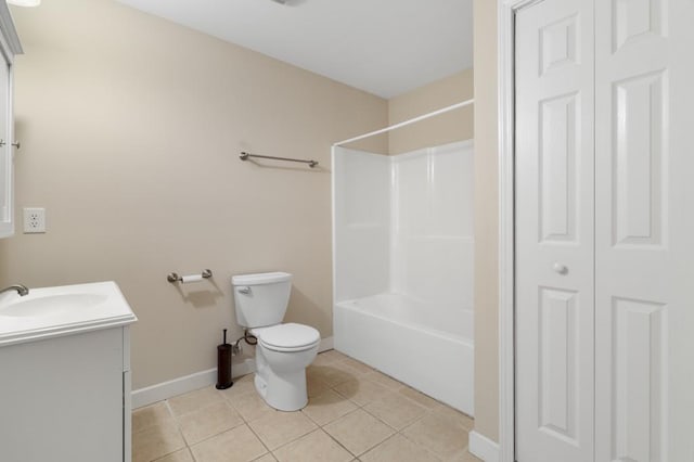 full bathroom with bathing tub / shower combination, tile patterned flooring, vanity, and toilet