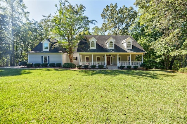 new england style home with a front lawn and covered porch