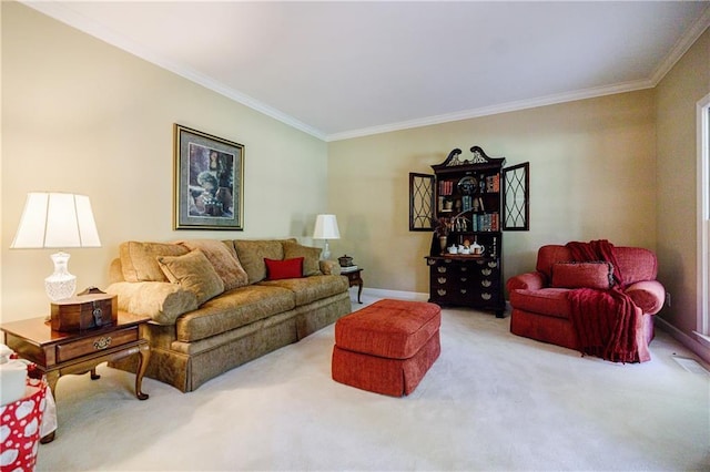 living room featuring carpet and ornamental molding