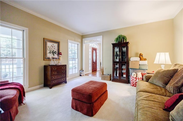 living room featuring light colored carpet and ornamental molding