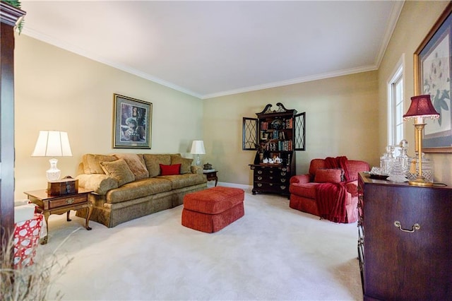 living room with light colored carpet and ornamental molding