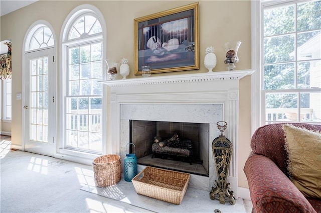 room details with carpet floors and a high end fireplace