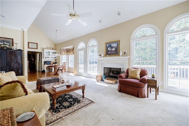 carpeted living room featuring high vaulted ceiling, plenty of natural light, and ceiling fan