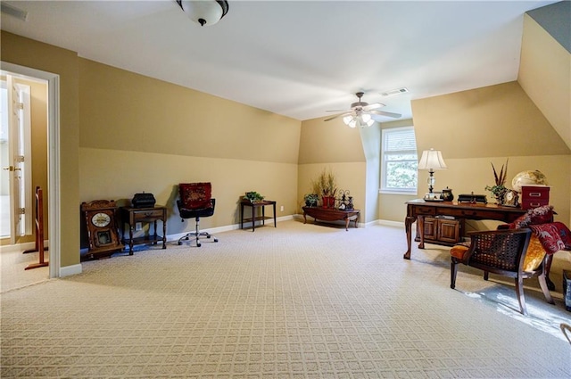 living area with carpet flooring, ceiling fan, and vaulted ceiling