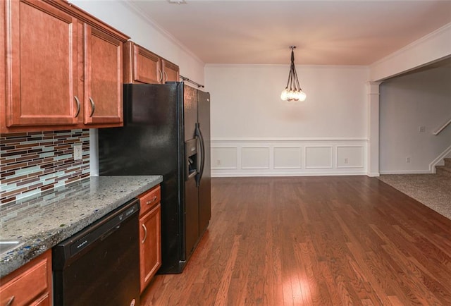 5260 Sherwood Way, Cumming, GA 30040 - kitchen featuring black appliances, dark wood-type flooring, decorative backsplash, ornamental molding, and brown cabinets