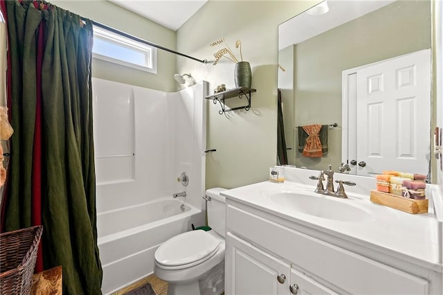 full bathroom with vanity, toilet, and shower / bathtub combination with curtain