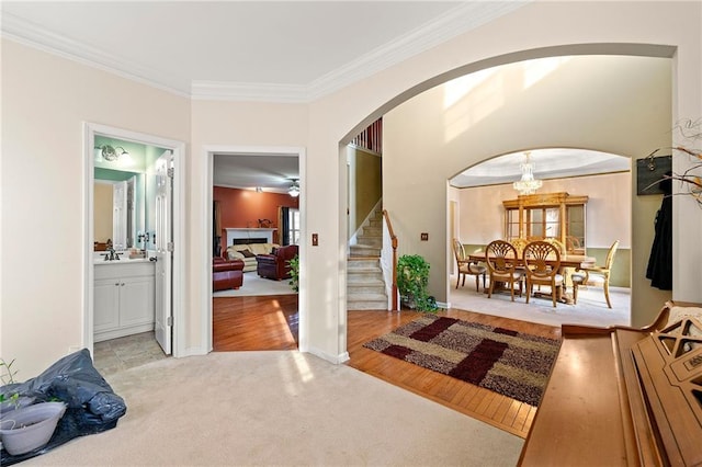 foyer entrance featuring sink, light hardwood / wood-style floors, and ornamental molding