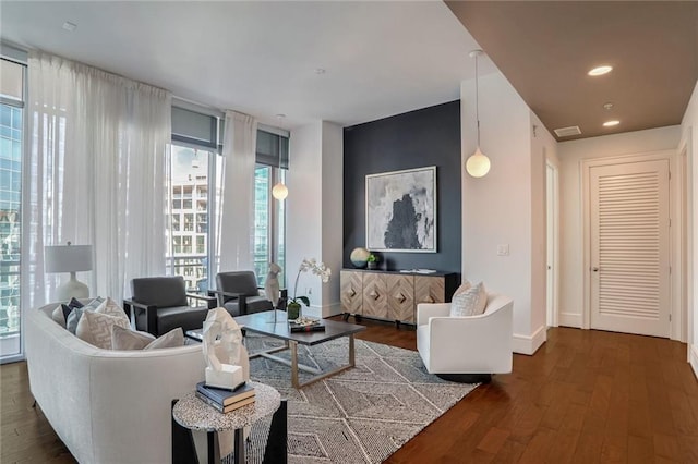 living room with dark hardwood / wood-style flooring