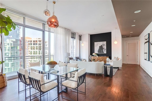 dining room featuring dark hardwood / wood-style flooring, plenty of natural light, and expansive windows