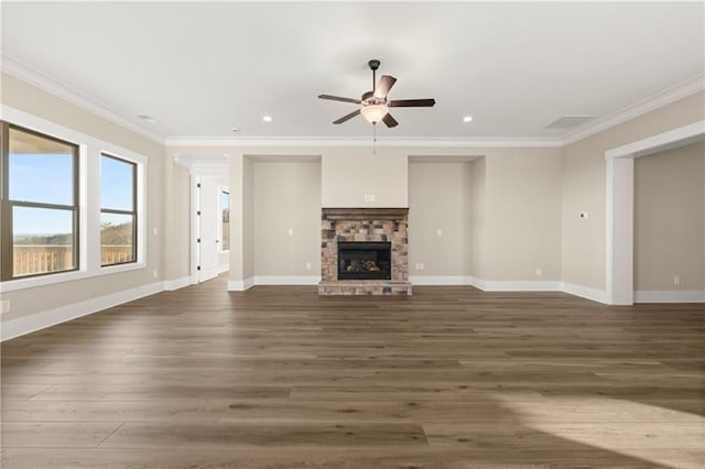 231 Laurel Vista Dr, Canton, GA 30114 - unfurnished living room with ceiling fan, wood finished floors, crown molding, a fireplace, and baseboards