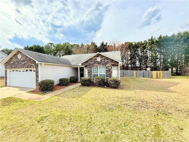 ranch-style home with fence, a garage, stone siding, driveway, and a front lawn