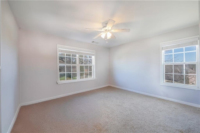 empty room featuring plenty of natural light, carpet flooring, and ceiling fan