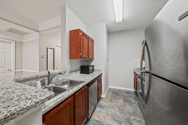 2700 Pine Tree Rd NE Unit 1214, Atlanta, GA 30324 - kitchen with a sink, baseboards, appliances with stainless steel finishes, stone finish floor, and visible vents