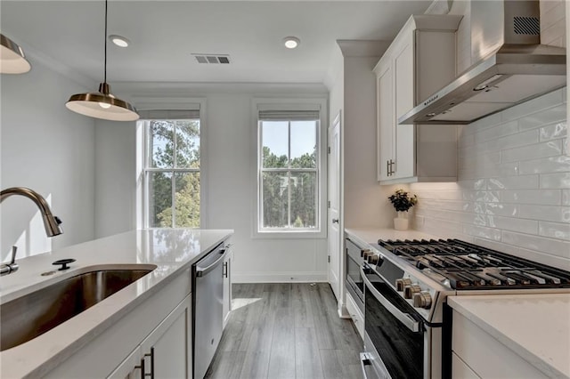 kitchen featuring a sink, appliances with stainless steel finishes, white cabinetry, wall chimney exhaust hood, and tasteful backsplash