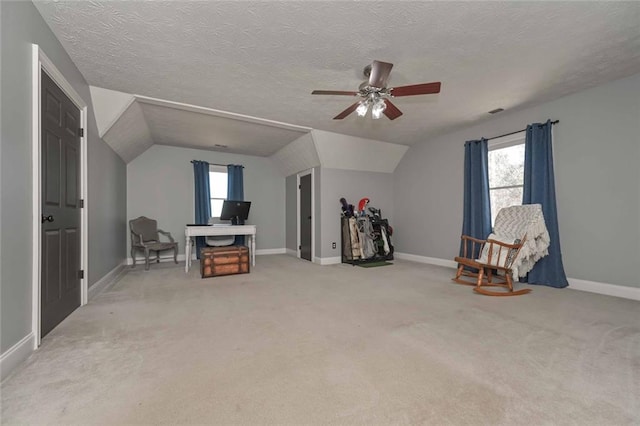 interior space with plenty of natural light, vaulted ceiling, and a textured ceiling