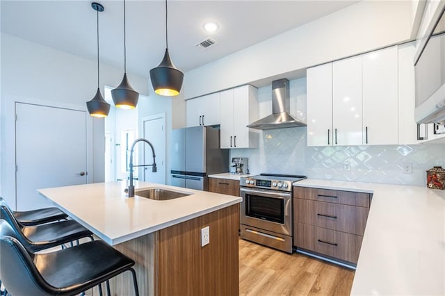 kitchen with wall chimney range hood, visible vents, modern cabinets, a sink, and stainless steel appliances