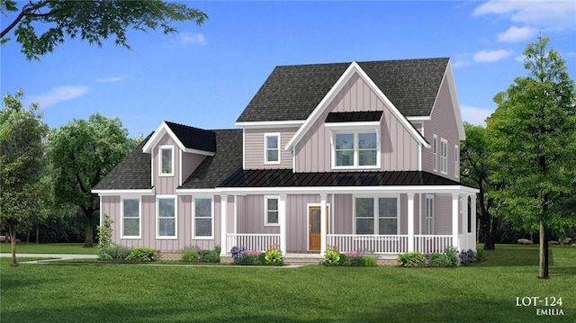 view of front of home featuring roof with shingles, a standing seam roof, covered porch, a front lawn, and board and batten siding