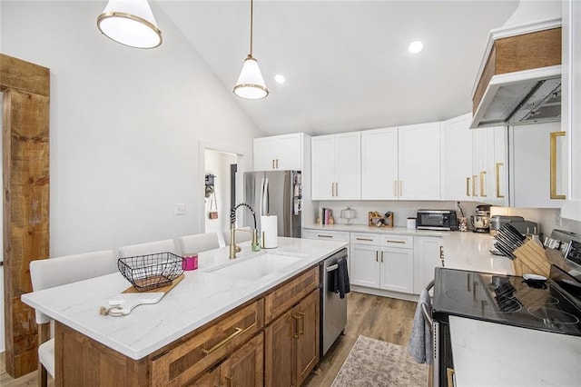 kitchen featuring stainless steel appliances, white cabinetry, a sink, light wood-type flooring, and under cabinet range hood