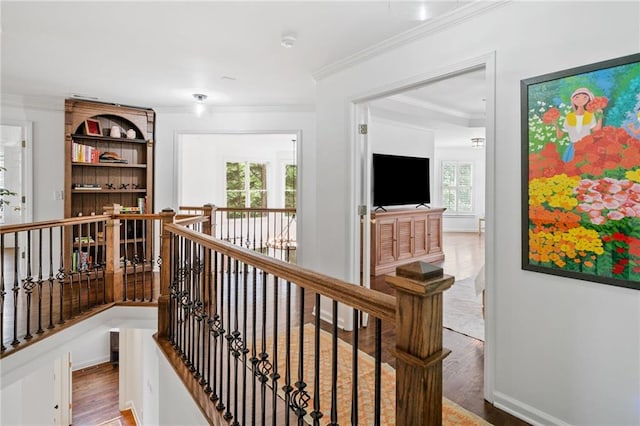 6219 Creekstone Path, Cumming, GA 30041 - corridor featuring an upstairs landing, crown molding, wood finished floors, and baseboards