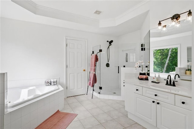 6219 Creekstone Path, Cumming, GA 30041 - bathroom with a stall shower, crown molding, a bath, vanity, and tile patterned flooring