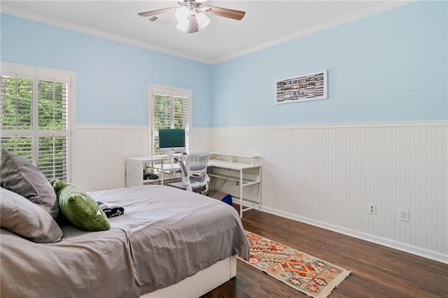 6219 Creekstone Path, Cumming, GA 30041 - bedroom featuring a wainscoted wall, wood finished floors, ornamental molding, a ceiling fan, and baseboards
