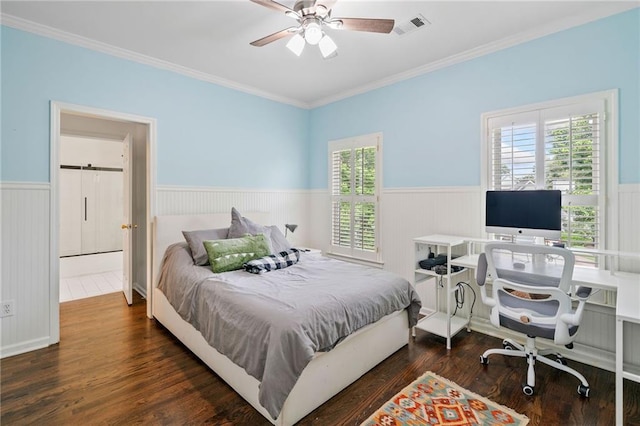 6219 Creekstone Path, Cumming, GA 30041 - bedroom featuring a wainscoted wall, wood finished floors, crown molding, a desk, and a ceiling fan
