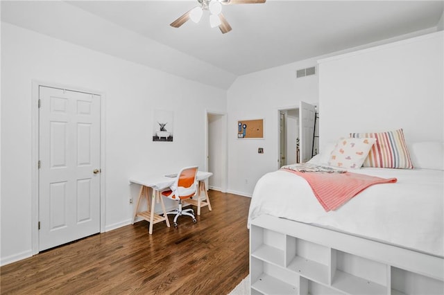 6219 Creekstone Path, Cumming, GA 30041 - bedroom featuring vaulted ceiling, dark wood-type flooring, baseboards, and a ceiling fan